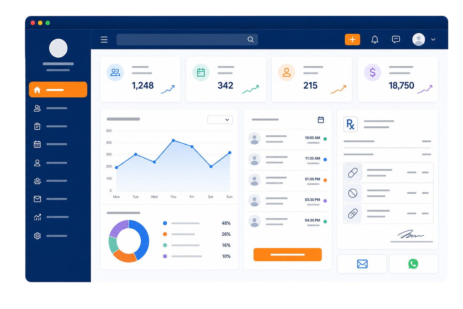 Medical CRM healthcare dashboard with patient analytics, appointments, and a digital prescription with email and WhatsApp sharing